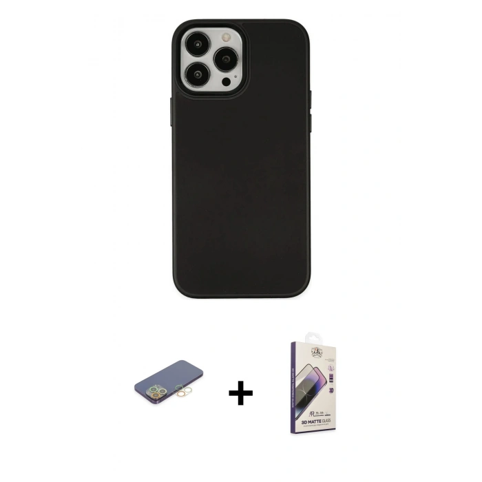 MARSİLYAN™- iPhone 13 Pro Max Kılıf Çekirdek Çizgi - Siyah Bilvis 3D Mat Cam Ekran Koruyucu + Renkli Kamera Lens Koruma Cam - SI