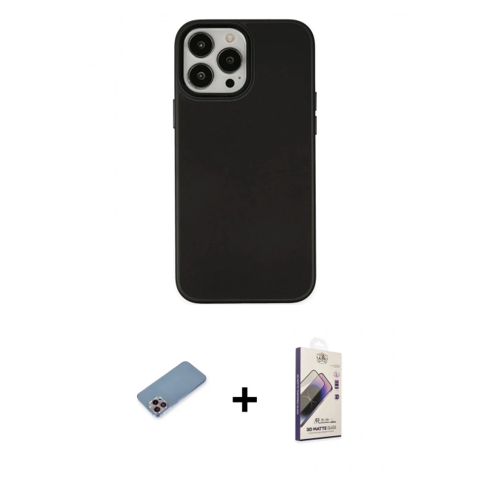 MARSİLYAN™- iPhone 13 Pro Max Kılıf Çekirdek Çizgi - Siyah Bilvis 3D Mat Cam Ekran Koruyucu + Shine Kamera Lens Koruma Cam - PE