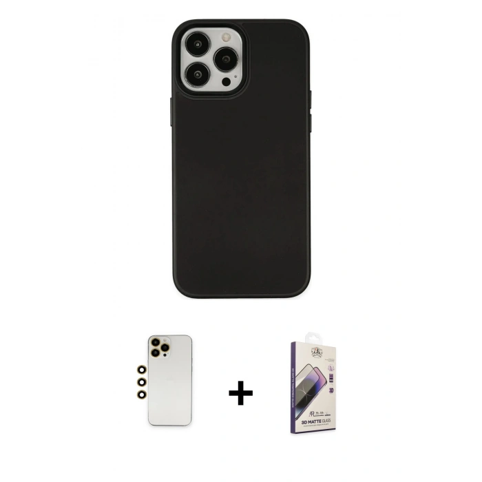 MARSİLYAN™- iPhone 13 Pro Max Kılıf Çekirdek Çizgi - Siyah Bilvis 3D Mat Cam Ekran Koruyucu + Shine Kamera Lens - GD