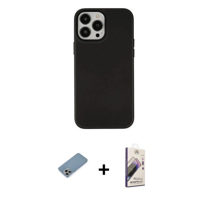 MARSİLYAN™- iPhone 13 Pro Max Kılıf Çekirdek Çizgi - Siyah Bilvis 3D Mat Cam Ekran Koruyucu + Shine Kamera Lens Koruma Cam - GI