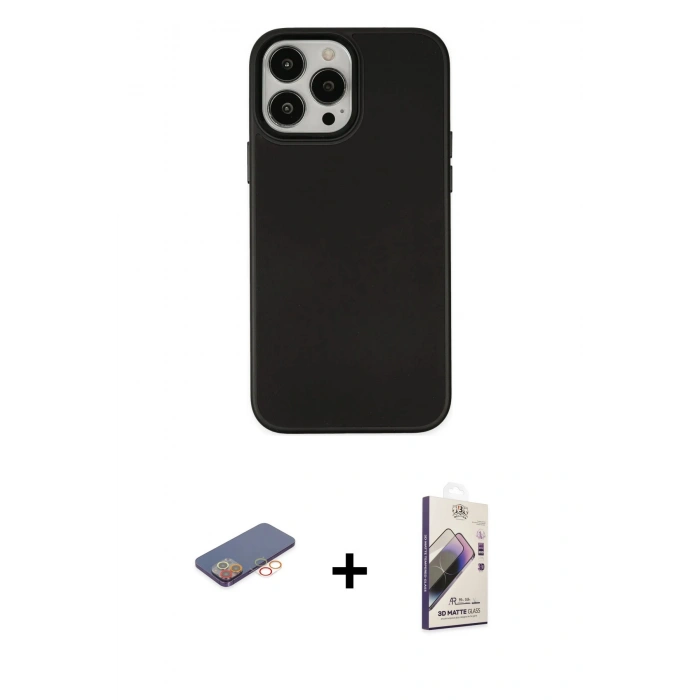 MARSİLYAN™- iPhone 13 Pro Max Kılıf Çekirdek Çizgi - Siyah Bilvis 3D Mat Cam Ekran Koruyucu + Turuncu Renkli Kamera Lens Koruma Cam