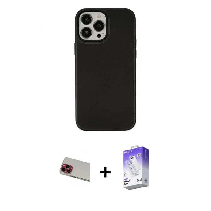 MARSİLYAN™- iPhone 13 Pro Max Kılıf Çekirdek Çizgi - Siyah Bilvis 5in1 3D Magic Cam Ekran Koruyucu + Rainbow Kamera Lens Koruma Cam - KI