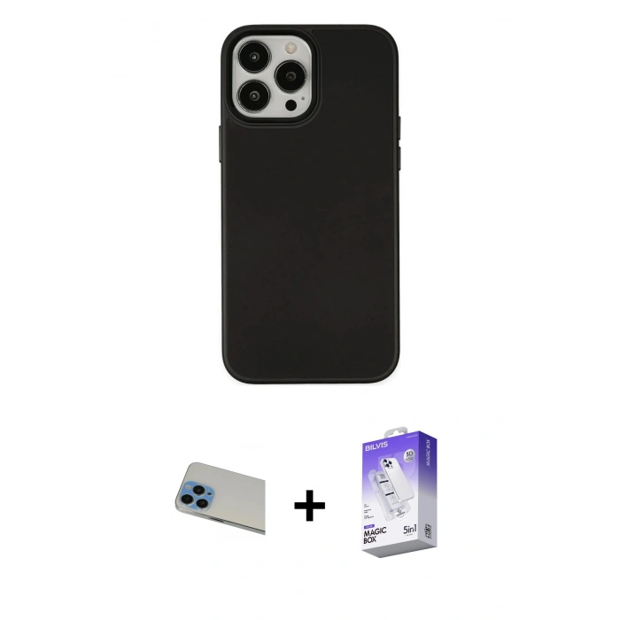 MARSİLYAN™- iPhone 13 Pro Max Kılıf Çekirdek Çizgi - Siyah Bilvis 5in1 3D Magic Cam Ekran Koruyucu + Rainbow Kamera Lens Koruma Cam - MI