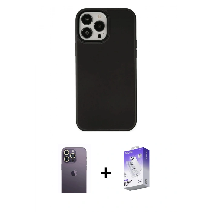 MARSİLYAN™- iPhone 13 Pro Max Kılıf Çekirdek Çizgi - Siyah Bilvis 5in1 3D Magic Cam Ekran Koruyucu + Neon Fosforlu Kamera Lens - BZ