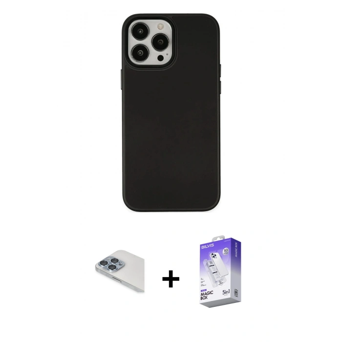 MARSİLYAN™- iPhone 13 Pro Max Kılıf Çekirdek Çizgi - Siyah Bilvis 5in1 3D Magic Cam Ekran Koruyucu + Pers Alüminyum Kamera Lens - SABE