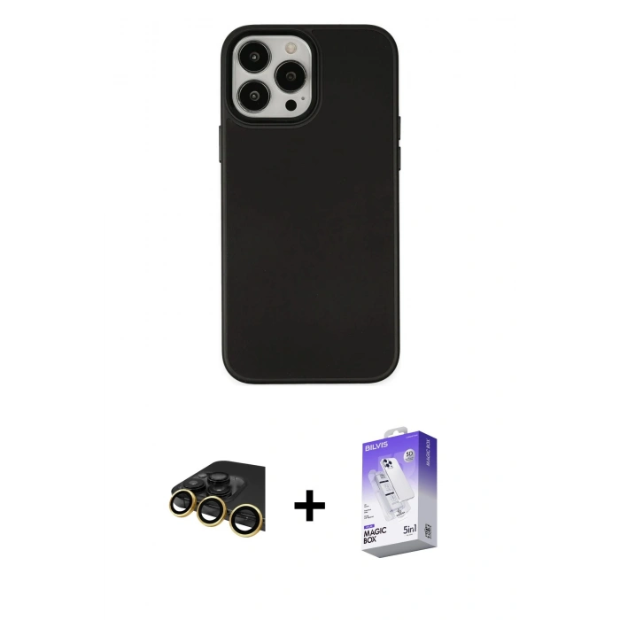 MARSİLYAN™- iPhone 13 Pro Max Kılıf Çekirdek Çizgi - Siyah Bilvis 5in1 3D Magic Cam Ekran Koruyucu + Raze Metal Kamera Lens - GD