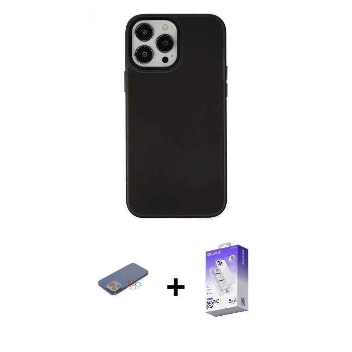 MARSİLYAN™- iPhone 13 Pro Max Kılıf Çekirdek Çizgi - Siyah Bilvis 5in1 3D Magic Cam Ekran Koruyucu + Renkli Kamera Lens Koruma Cam - MI