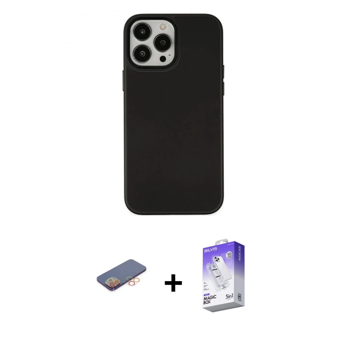 MARSİLYAN™- iPhone 13 Pro Max Kılıf Çekirdek Çizgi - Siyah Bilvis 5in1 3D Magic Cam Ekran Koruyucu + Renkli Kamera Lens Koruma Cam - TU