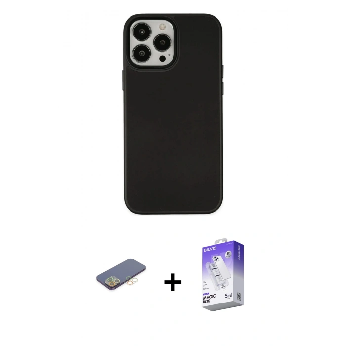 MARSİLYAN™- iPhone 13 Pro Max Kılıf Çekirdek Çizgi - Siyah Bilvis 5in1 3D Magic Cam Ekran Koruyucu + Renkli Kamera Lens Koruma Cam - SI