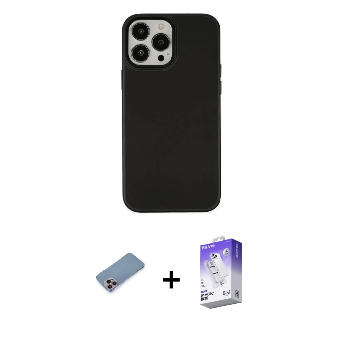 MARSİLYAN™- iPhone 13 Pro Max Kılıf Çekirdek Çizgi - Siyah Bilvis 5in1 3D Magic Cam Ekran Koruyucu + Shine Kamera Lens Koruma Cam - PE