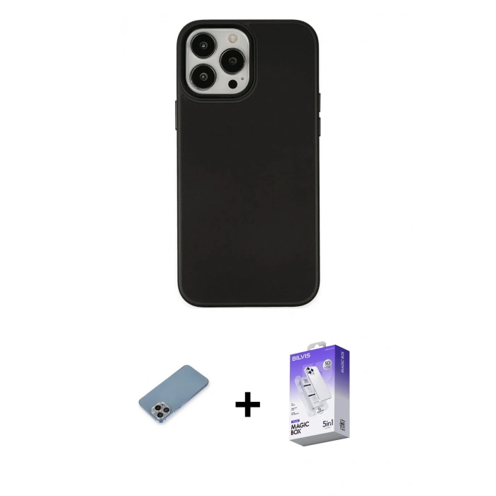 MARSİLYAN™- iPhone 13 Pro Max Kılıf Çekirdek Çizgi - Siyah Bilvis 5in1 3D Magic Cam Ekran Koruyucu + Shine Kamera Lens Koruma Cam - GI