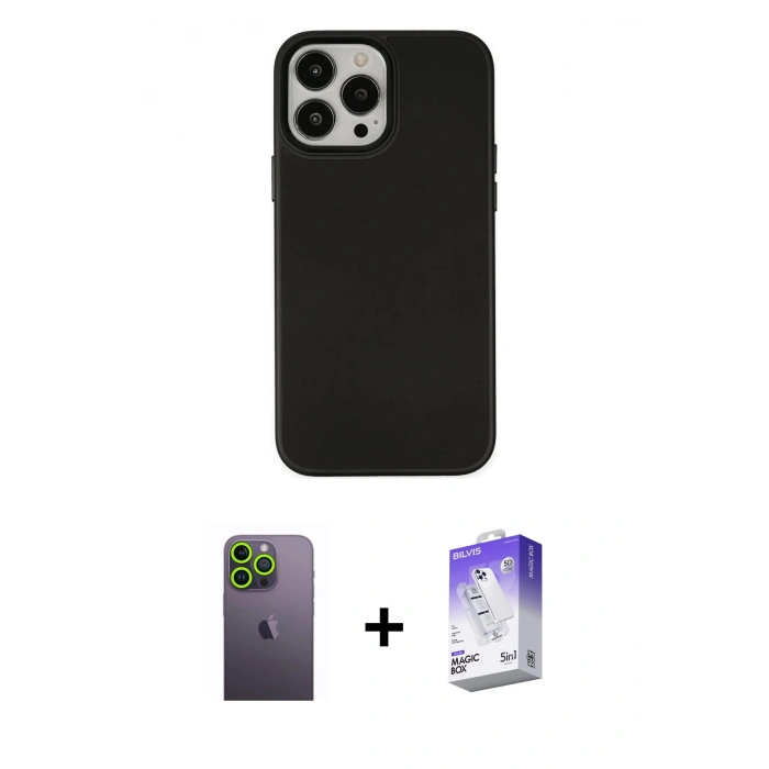 MARSİLYAN™- iPhone 13 Pro Max Kılıf Çekirdek Çizgi - Siyah Bilvis 5in1 3D Magic Cam Ekran Koruyucu + Neon Fosforlu Kamera Lens - YL