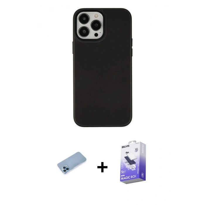 MARSİLYAN™- iPhone 13 Pro Max Kılıf Çekirdek Çizgi - Siyah Bilvis 5in1 5D Magic Hayalet Cam Ekran Koruyucu + Mavi Shine Kamera Lens Koruma Cam