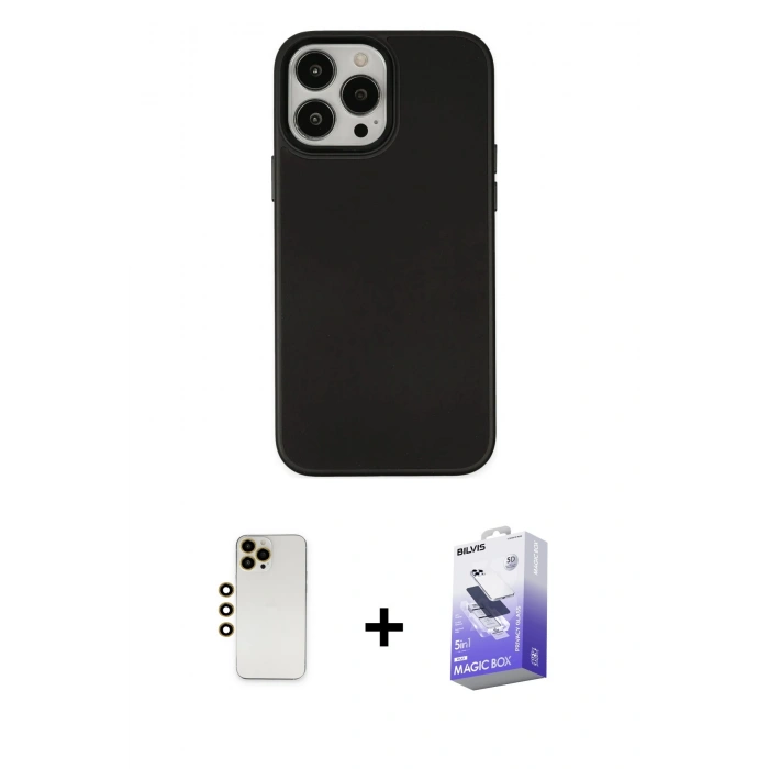 MARSİLYAN™- iPhone 13 Pro Max Kılıf Çekirdek Çizgi - Siyah Bilvis 5in1 5D Magic Hayalet Cam Ekran Koruyucu + Gold Shine Kamera Lens