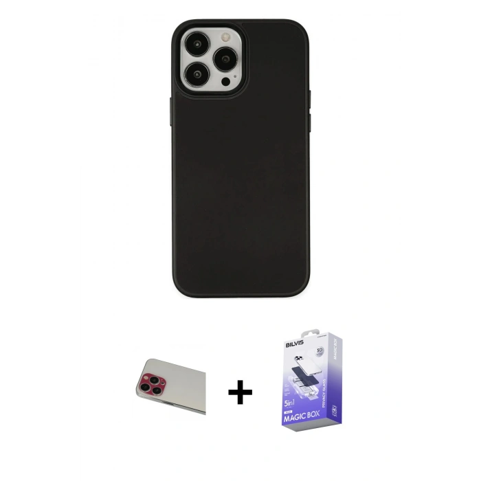 MARSİLYAN™- iPhone 13 Pro Max Kılıf Çekirdek Çizgi - Siyah Bilvis 5in1 5D Magic Hayalet Cam Ekran Koruyucu + Rainbow Kamera Lens Koruma Cam - KI