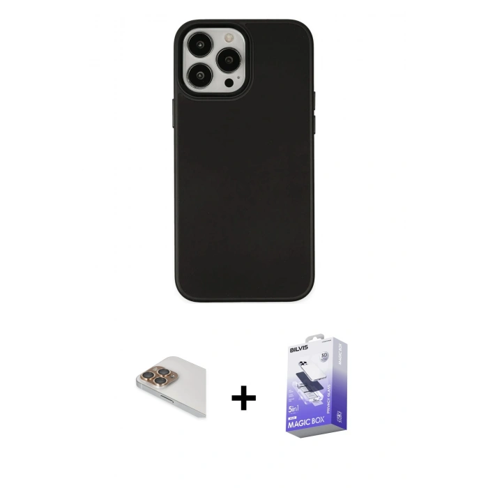 MARSİLYAN™- iPhone 13 Pro Max Kılıf Çekirdek Çizgi - Siyah Bilvis 5in1 5D Magic Hayalet Cam Ekran Koruyucu + Gold Pers Alüminyum Kamera Lens