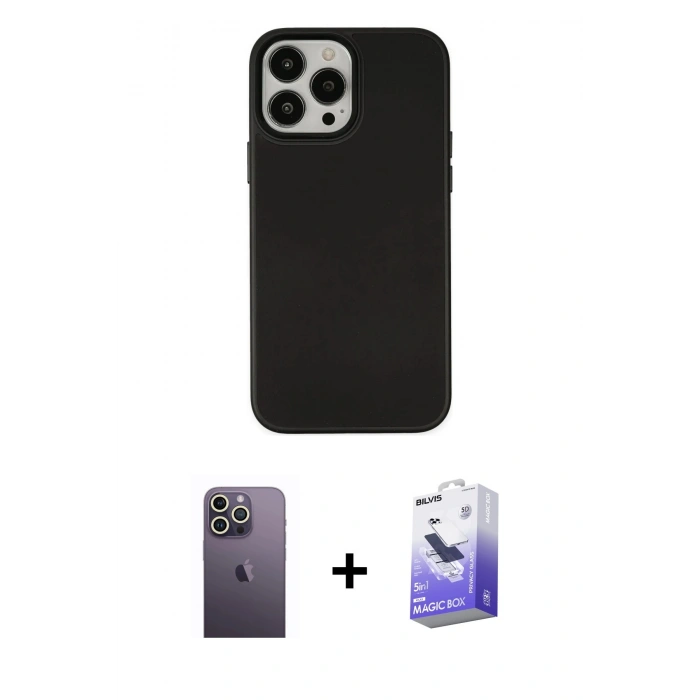 MARSİLYAN™- iPhone 13 Pro Max Kılıf Çekirdek Çizgi - Siyah Bilvis 5in1 5D Magic Hayalet Cam Ekran Koruyucu + Neon Fosforlu Kamera Lens - BZ