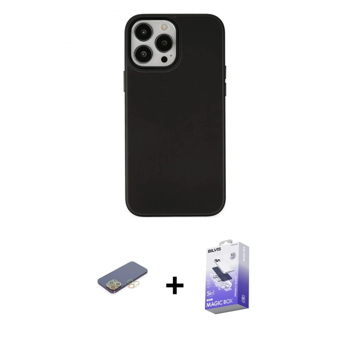 MARSİLYAN™- iPhone 13 Pro Max Kılıf Çekirdek Çizgi - Siyah Bilvis 5in1 5D Magic Hayalet Cam Ekran Koruyucu + Sarı Renkli Kamera Lens Koruma Cam