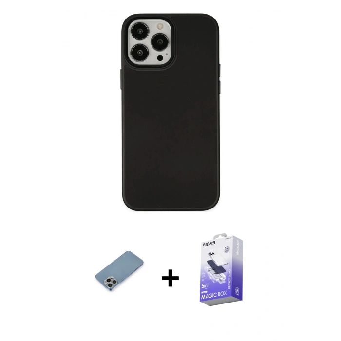 MARSİLYAN™- iPhone 13 Pro Max Kılıf Çekirdek Çizgi - Siyah Bilvis 5in1 5D Magic Hayalet Cam Ekran Koruyucu + Shine Kamera Lens Koruma Cam - GI