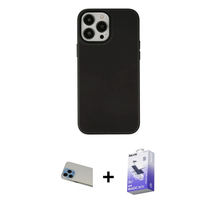 MARSİLYAN™- iPhone 13 Pro Max Kılıf Çekirdek Çizgi - Siyah Bilvis 5in1 5D Magic Hayalet Cam Ekran Koruyucu + Rainbow Kamera Lens Koruma Cam - MI