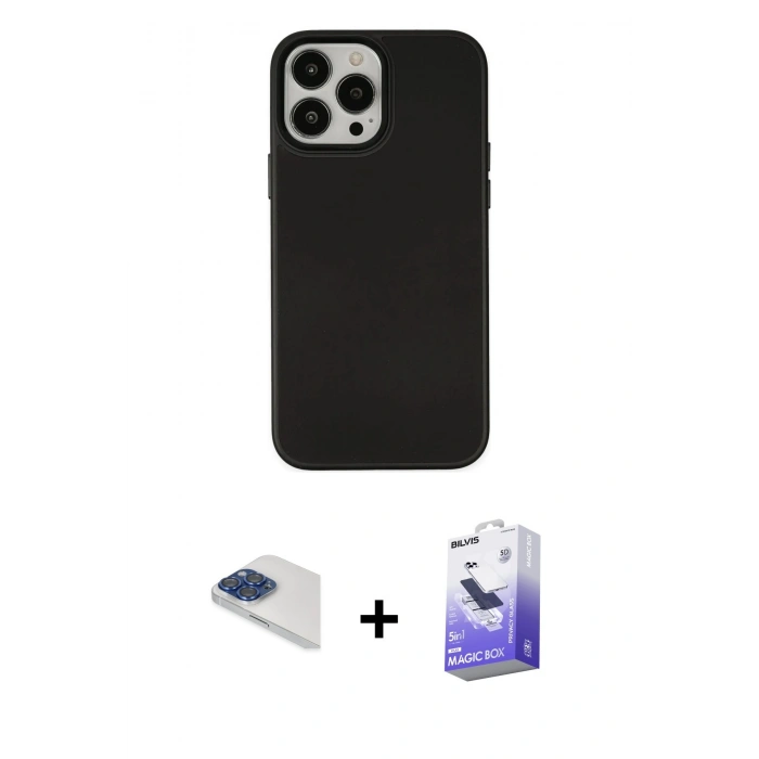 MARSİLYAN™- iPhone 13 Pro Max Kılıf Çekirdek Çizgi - Siyah Bilvis 5in1 5D Magic Hayalet Cam Ekran Koruyucu + Pers Alüminyum Kamera Lens - LT