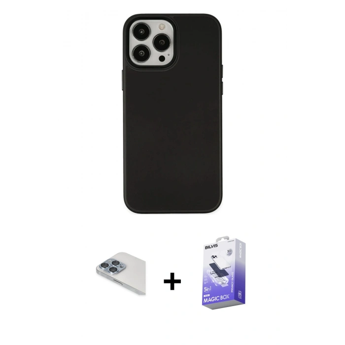 MARSİLYAN™- iPhone 13 Pro Max Kılıf Çekirdek Çizgi - Siyah Bilvis 5in1 5D Magic Hayalet Cam Ekran Koruyucu + Pers Alüminyum Kamera Lens - SABE
