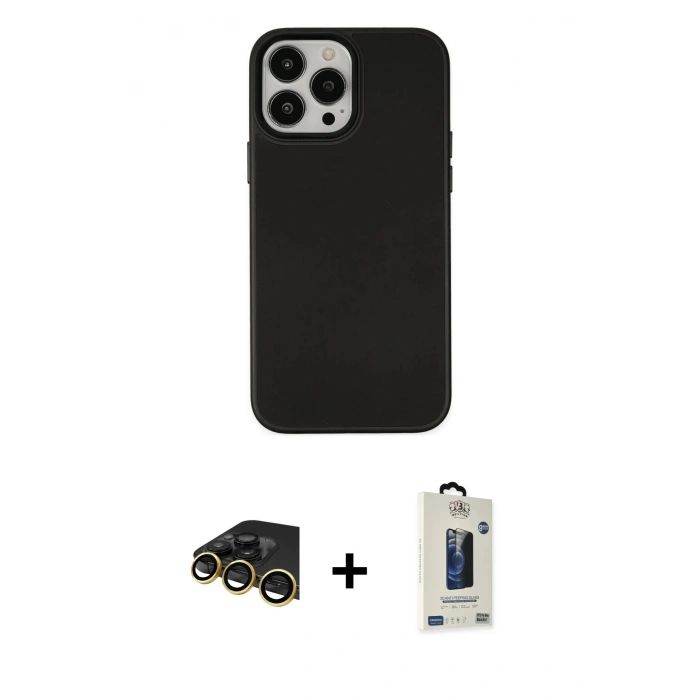 MARSİLYAN™- iPhone 13 Pro Max Kılıf Çekirdek Çizgi - Siyah Bilvis Hayalet Cam Ekran Koruyucu + Raze Metal Kamera Lens - GD