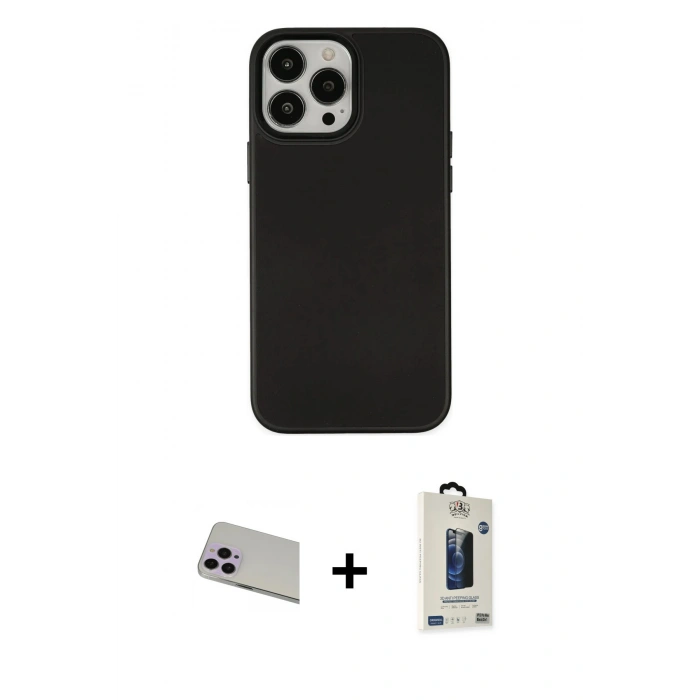 MARSİLYAN™- iPhone 13 Pro Max Kılıf Çekirdek Çizgi - Siyah Bilvis Hayalet Cam Ekran Koruyucu + Mor Rainbow Kamera Lens Koruma Cam