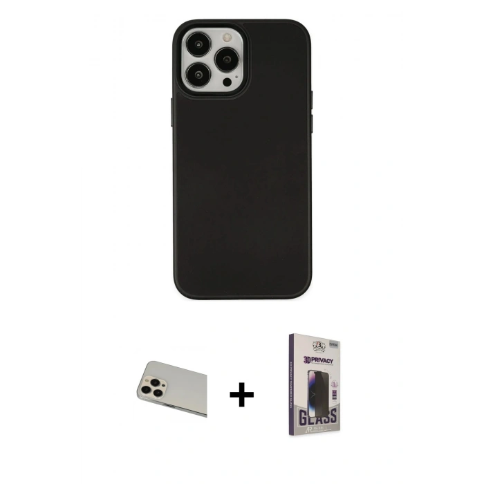 MARSİLYAN™- iPhone 13 Pro Max Kılıf Çekirdek Çizgi - Siyah Bilvis Hayalet Cam Ekran Koruyucu + Rainbow Kamera Lens Koruma Cam - REGD
