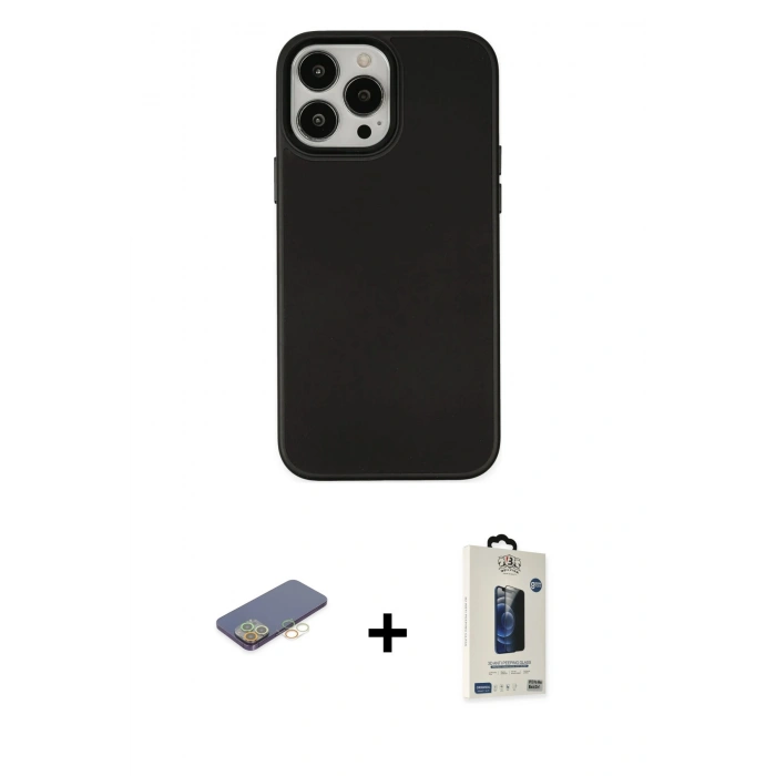 MARSİLYAN™- iPhone 13 Pro Max Kılıf Çekirdek Çizgi - Siyah Bilvis Hayalet Cam Ekran Koruyucu + Renkli Kamera Lens Koruma Cam - SI