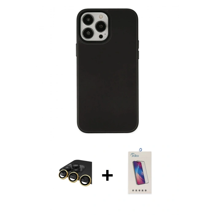 MARSİLYAN™- iPhone 13 Pro Max Kılıf Çekirdek Çizgi - Siyah Joko 5D Cam + Raze Metal Kamera Lens - GD