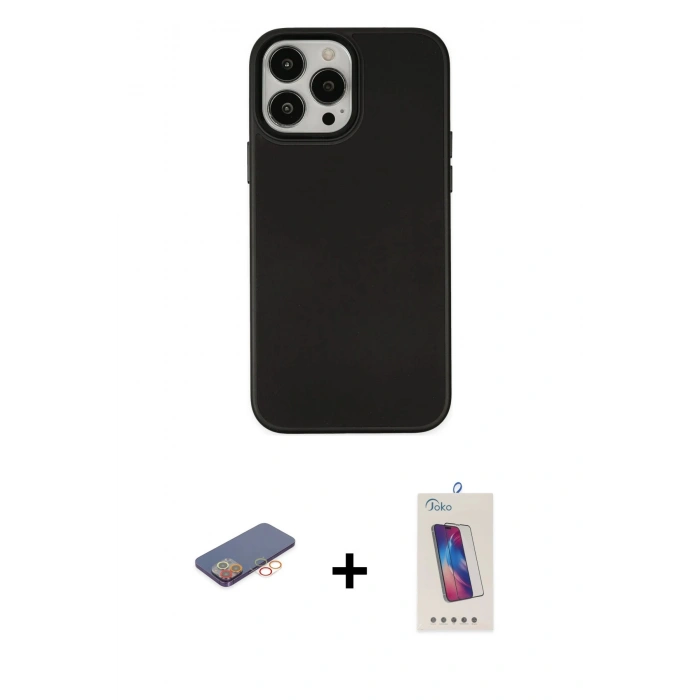 MARSİLYAN™- iPhone 13 Pro Max Kılıf Çekirdek Çizgi - Siyah Joko 5D Cam + Renkli Kamera Lens Koruma Cam - TU