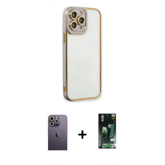 MARSİLYAN™- iPhone 13 Pro Max Kılıf Çekirdek Klasik Serisi - Şeffaf 360 Full Body Arka Koruyucu + Beyaz Neon Fosforlu Kamera Lens