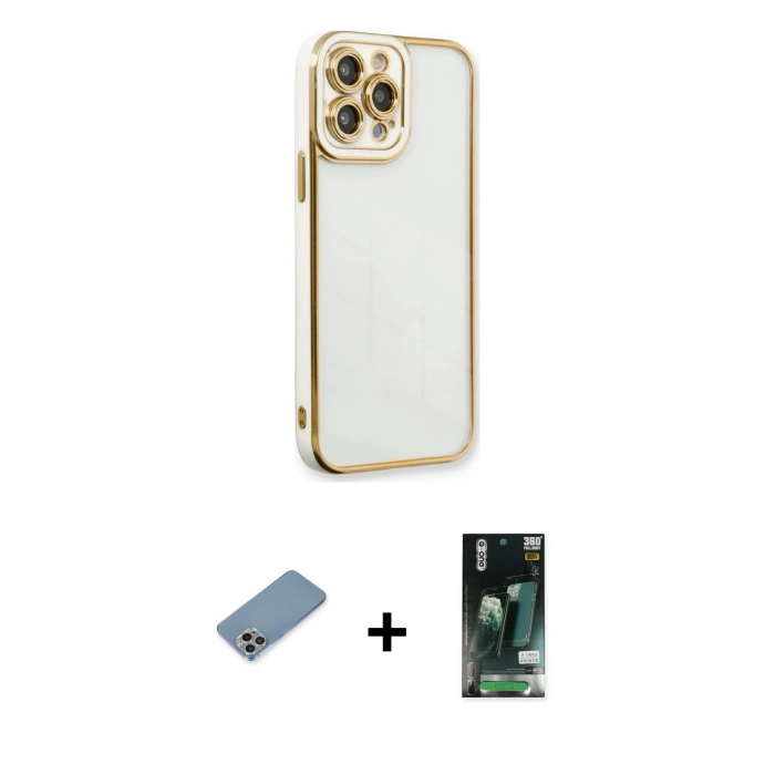 MARSİLYAN™- iPhone 13 Pro Max Kılıf Çekirdek Klasik Serisi - Şeffaf 360 Full Body Arka Koruyucu + Shine Kamera Lens Koruma Cam - GI