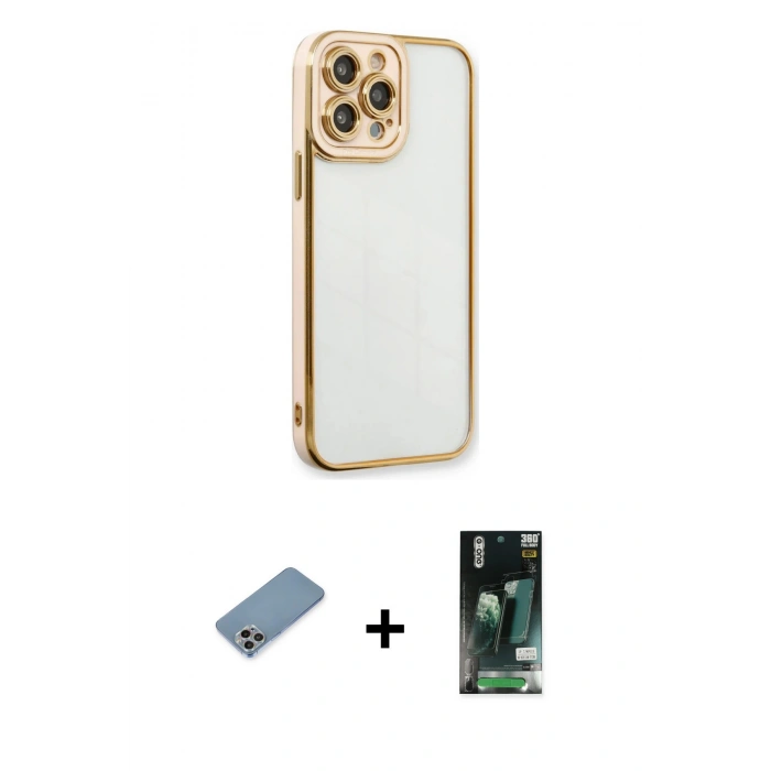 MARSİLYAN™- iPhone 13 Pro Max Kılıf Çekirdek Klasik Serisi - Şeffaf 360 Full Body Arka Koruyucu + Shine Kamera Lens Koruma Cam - GI