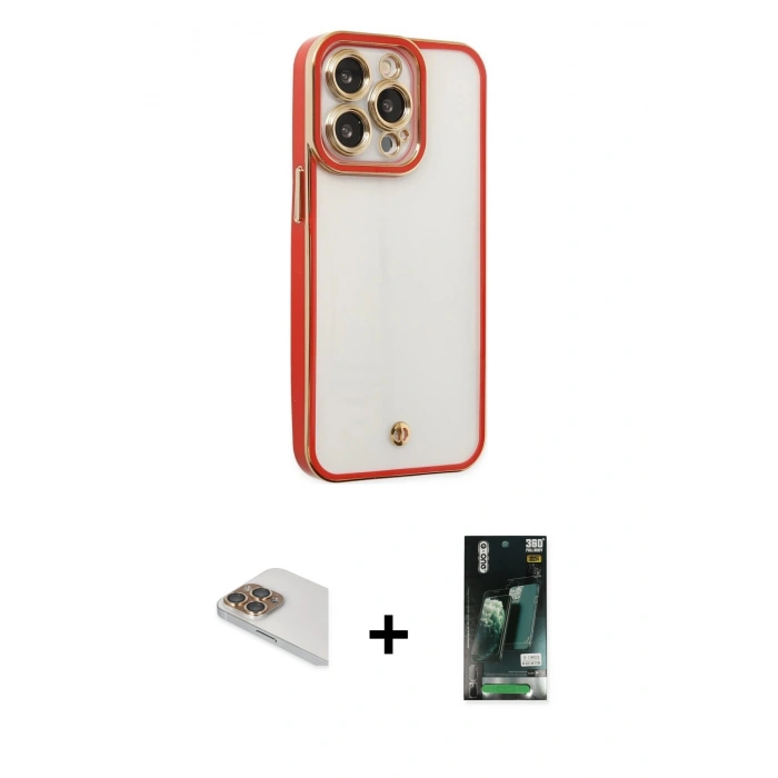 MARSİLYAN™- iPhone 13 Pro Max Kılıf Çekirdek Klasik Serisi - Şeffaf 360 Full Body Arka Koruyucu + Pers Alüminyum Kamera Lens - GD
