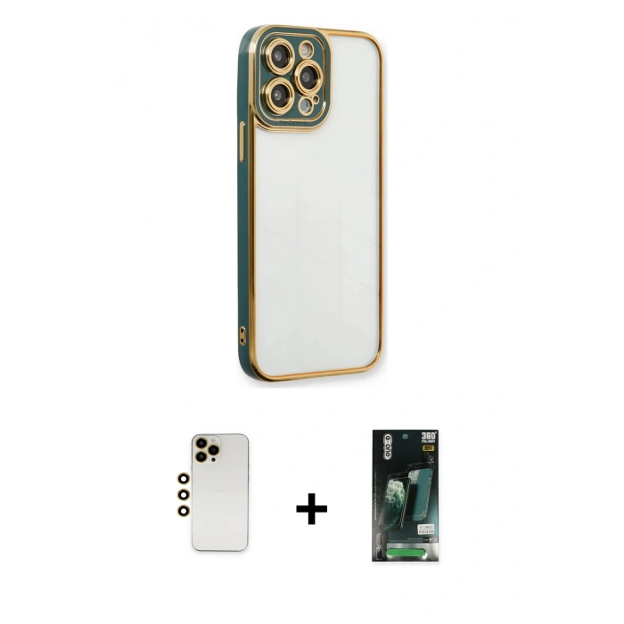 MARSİLYAN™- iPhone 13 Pro Max Kılıf Çekirdek Klasik Serisi - Şeffaf 360 Full Body Arka Koruyucu + Shine Kamera Lens - GD