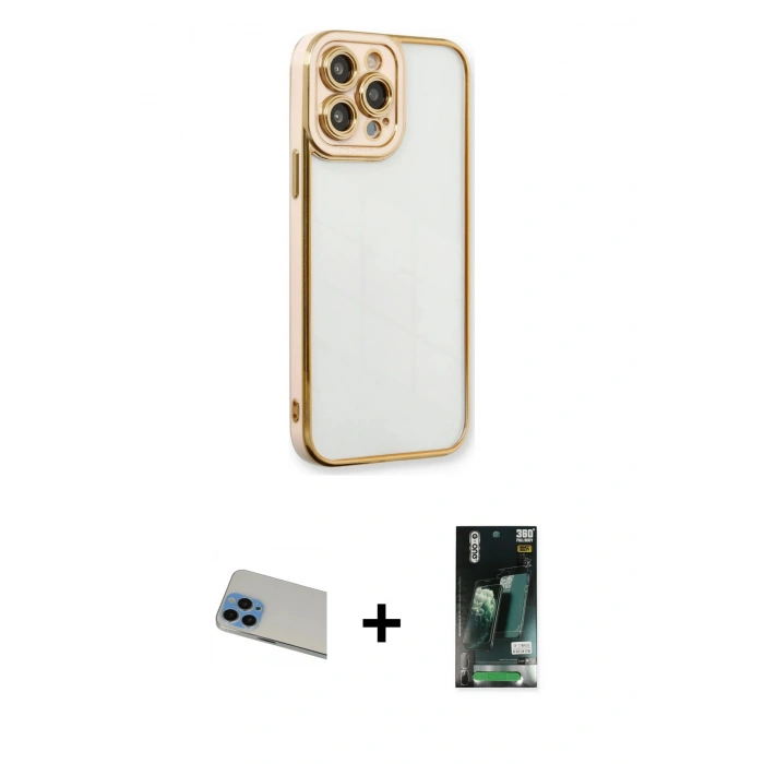 MARSİLYAN™- iPhone 13 Pro Max Kılıf Çekirdek Klasik Serisi - Şeffaf 360 Full Body Arka Koruyucu + Rainbow Kamera Lens Koruma Cam - MI