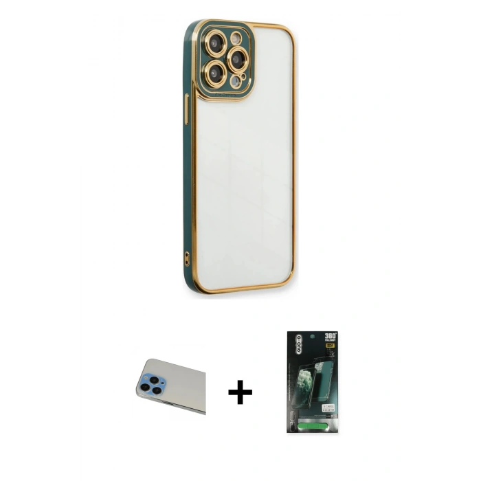MARSİLYAN™- iPhone 13 Pro Max Kılıf Çekirdek Klasik Serisi - Şeffaf 360 Full Body Arka Koruyucu + Rainbow Kamera Lens Koruma Cam - MI
