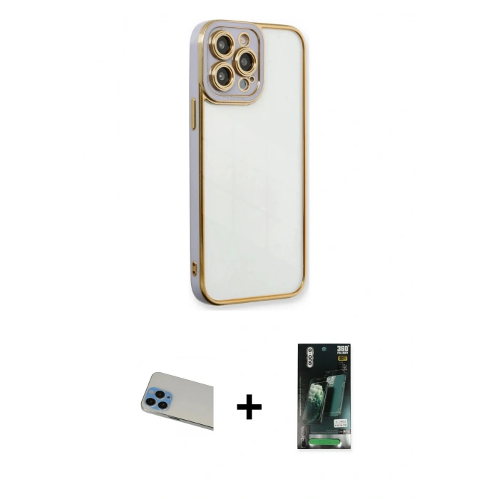 MARSİLYAN™- iPhone 13 Pro Max Kılıf Çekirdek Klasik Serisi - Şeffaf 360 Full Body Arka Koruyucu + Rainbow Kamera Lens Koruma Cam - MI