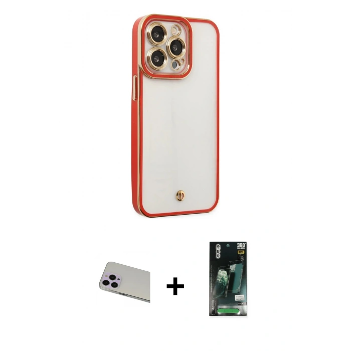 MARSİLYAN™- iPhone 13 Pro Max Kılıf Çekirdek Klasik Serisi - Şeffaf 360 Full Body Arka Koruyucu + Mor Rainbow Kamera Lens Koruma Cam