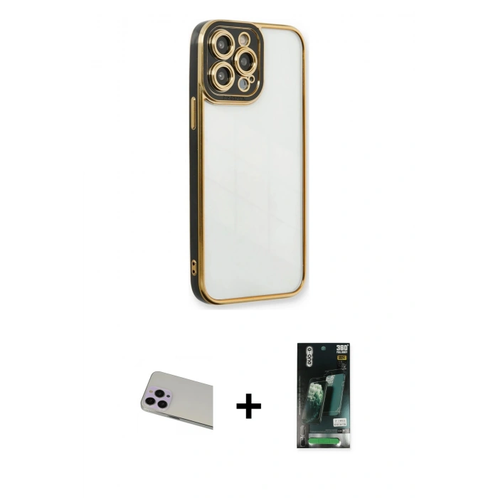 MARSİLYAN™- iPhone 13 Pro Max Kılıf Çekirdek Klasik Serisi - Şeffaf 360 Full Body Arka Koruyucu + Mor Rainbow Kamera Lens Koruma Cam