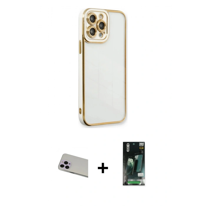 MARSİLYAN™- iPhone 13 Pro Max Kılıf Çekirdek Klasik Serisi - Şeffaf 360 Full Body Arka Koruyucu + Mor Rainbow Kamera Lens Koruma Cam