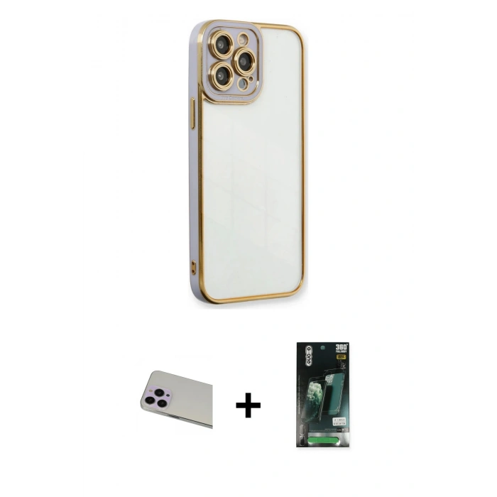 MARSİLYAN™- iPhone 13 Pro Max Kılıf Çekirdek Klasik Serisi - Şeffaf 360 Full Body Arka Koruyucu + Mor Rainbow Kamera Lens Koruma Cam