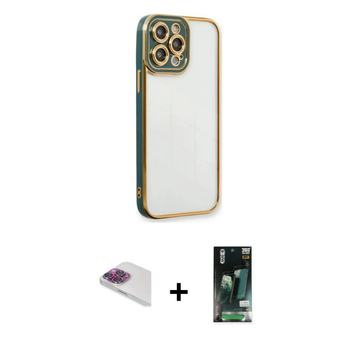 MARSİLYAN™- iPhone 13 Pro Max Kılıf Çekirdek Klasik Serisi - Şeffaf 360 Full Body Arka Koruyucu + Pers Alüminyum Kamera Lens - GI