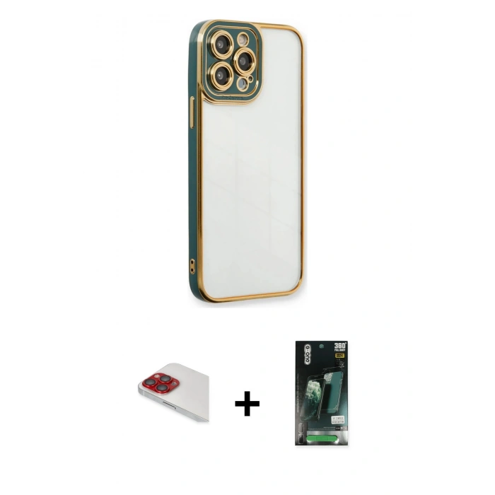 MARSİLYAN™- iPhone 13 Pro Max Kılıf Çekirdek Klasik Serisi - Şeffaf 360 Full Body Arka Koruyucu + Pers Alüminyum Kamera Lens - KI