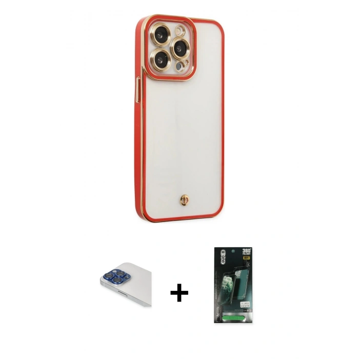 MARSİLYAN™- iPhone 13 Pro Max Kılıf Çekirdek Klasik Serisi - Şeffaf 360 Full Body Arka Koruyucu + Pers Alüminyum Kamera Lens - LT