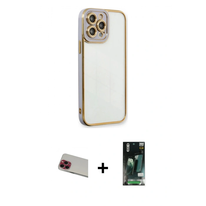 MARSİLYAN™- iPhone 13 Pro Max Kılıf Çekirdek Klasik Serisi - Şeffaf 360 Full Body Arka Koruyucu + Rainbow Kamera Lens Koruma Cam - KI