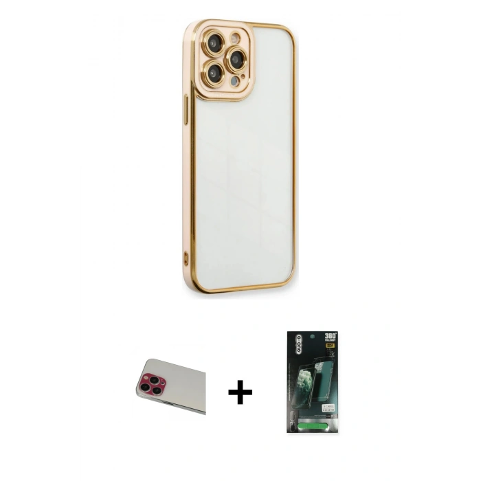 MARSİLYAN™- iPhone 13 Pro Max Kılıf Çekirdek Klasik Serisi - Şeffaf 360 Full Body Arka Koruyucu + Rainbow Kamera Lens Koruma Cam - KI