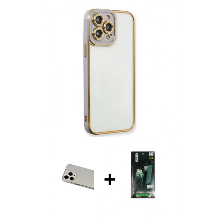 MARSİLYAN™- iPhone 13 Pro Max Kılıf Çekirdek Klasik Serisi - Şeffaf 360 Full Body Arka Koruyucu + Rainbow Kamera Lens Koruma Cam - BZ
